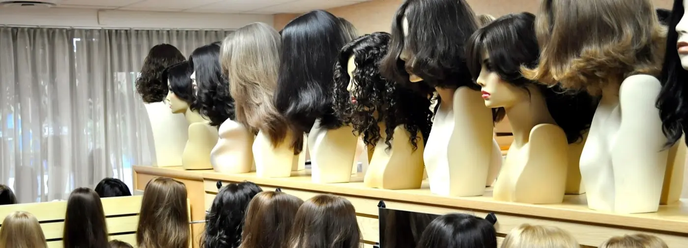 Toppers and wigs displayed in the private Design by Flora showroom in Teaneck